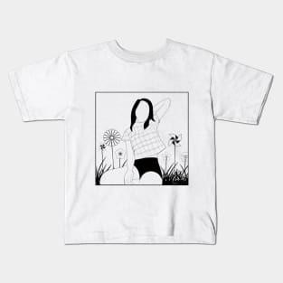 MINIMALIST GIRL PORTRAIT IN A BOX FLOWERS BLACK AND WHITE LINEART Kids T-Shirt